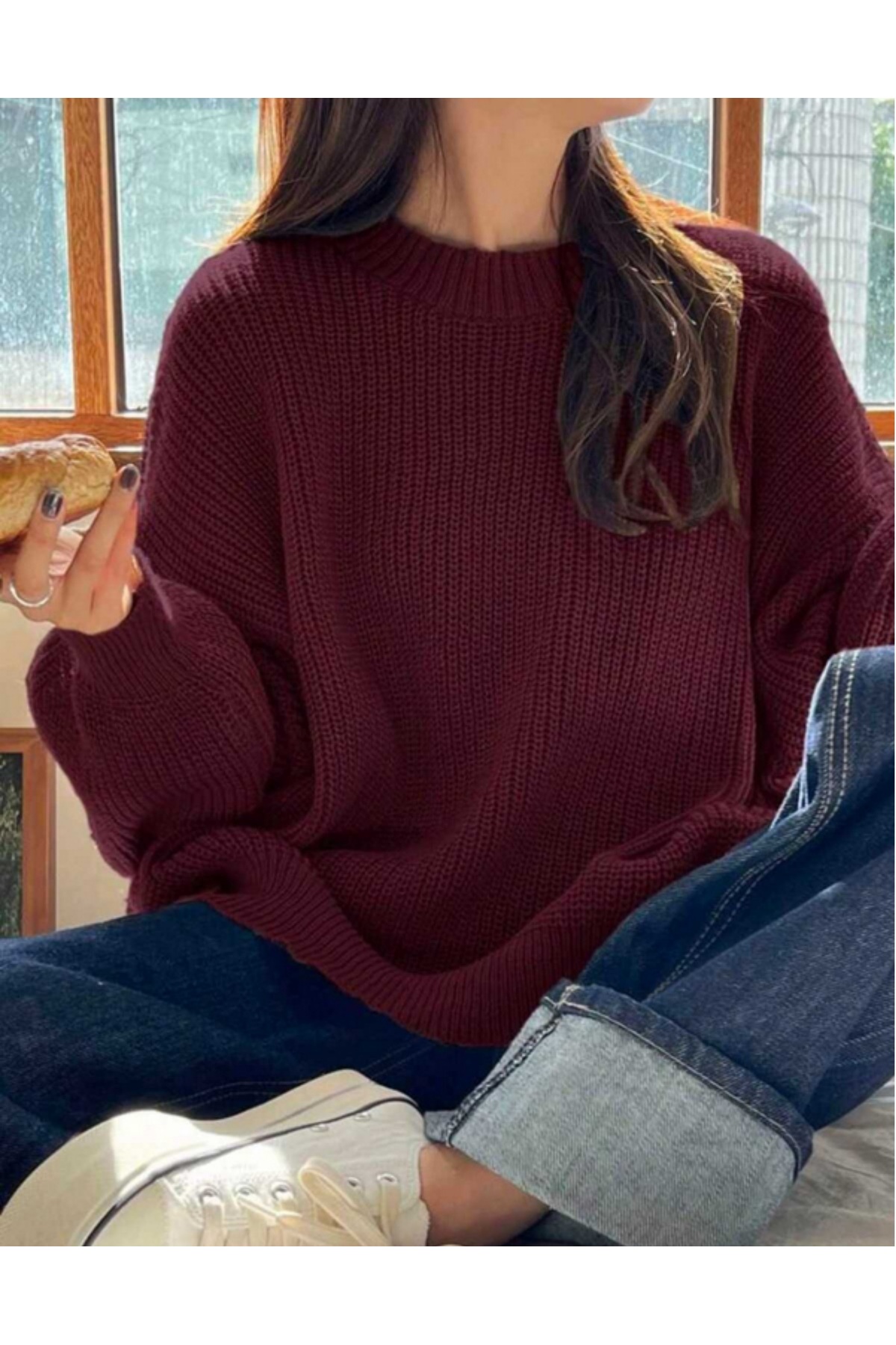 MODASPARK  Bordo Bisiklet Yaka Oversize Kadın Triko Kazak - Görsel 7