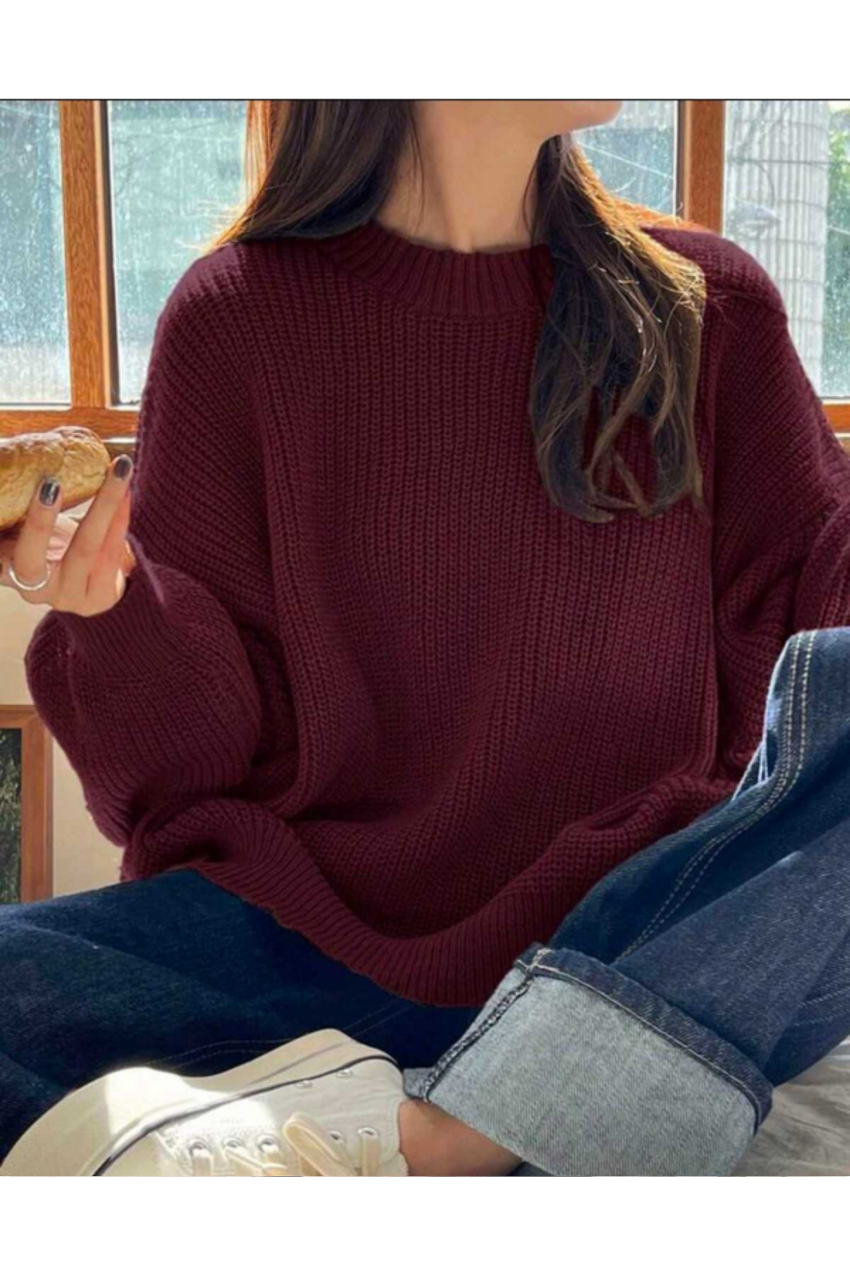 MODASPARK  Bordo Bisiklet Yaka Oversize Kadın Triko Kazak - Görsel 8