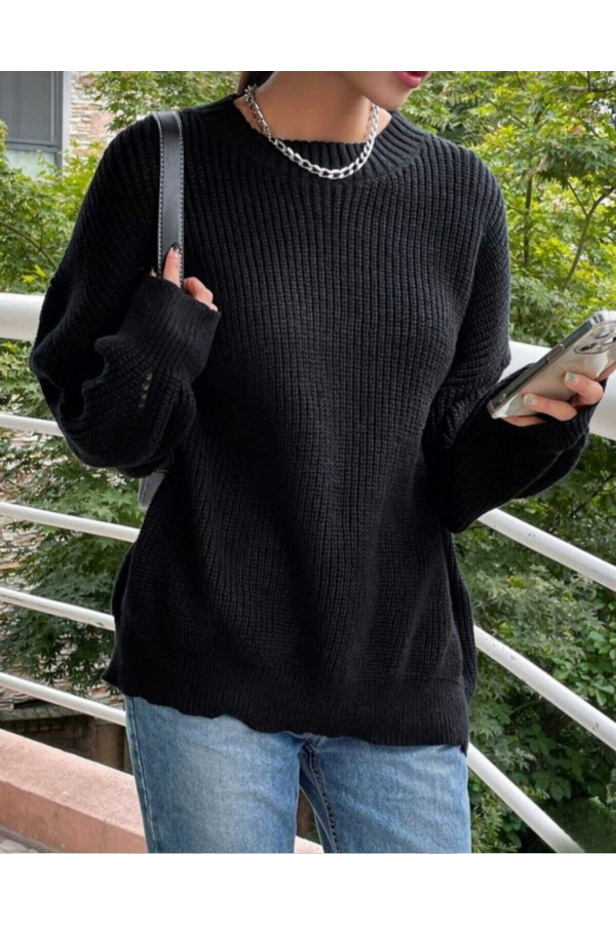 MODASPARK  Siyah Bisiklet Yaka Oversize Kadın Triko Kazak - Görsel 8