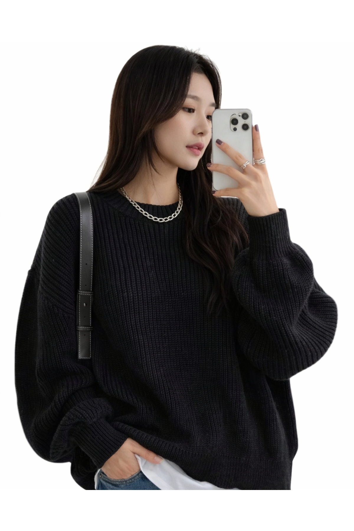 MODASPARK  Siyah Bisiklet Yaka Oversize Kadın Triko Kazak