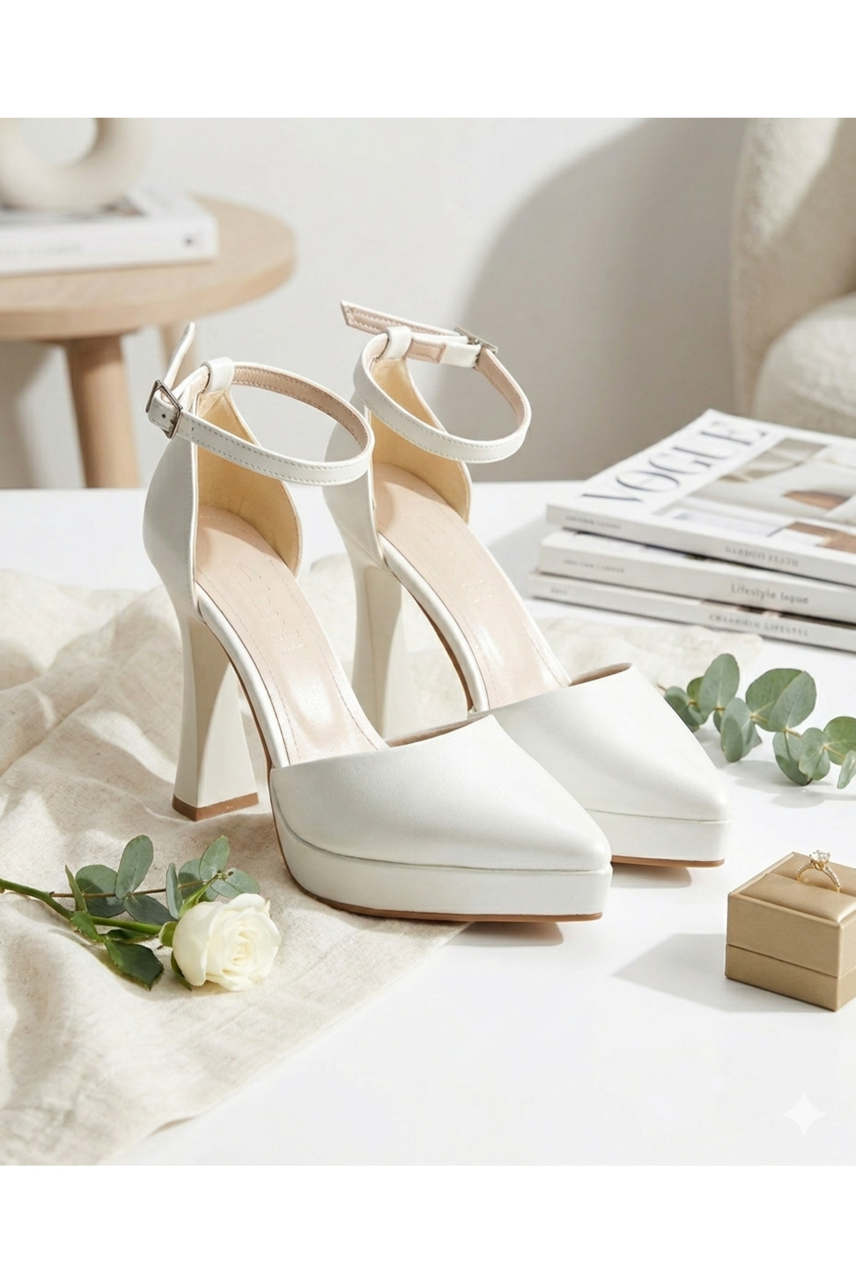 Women's White Platform Heeled Evening Shoes