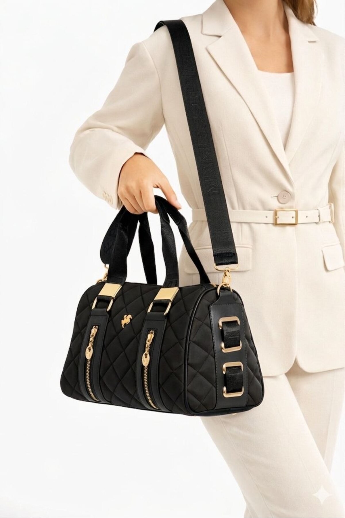 Women's Black 4 Compartment Adjustable Long Strap Hand and Shoulder Bag