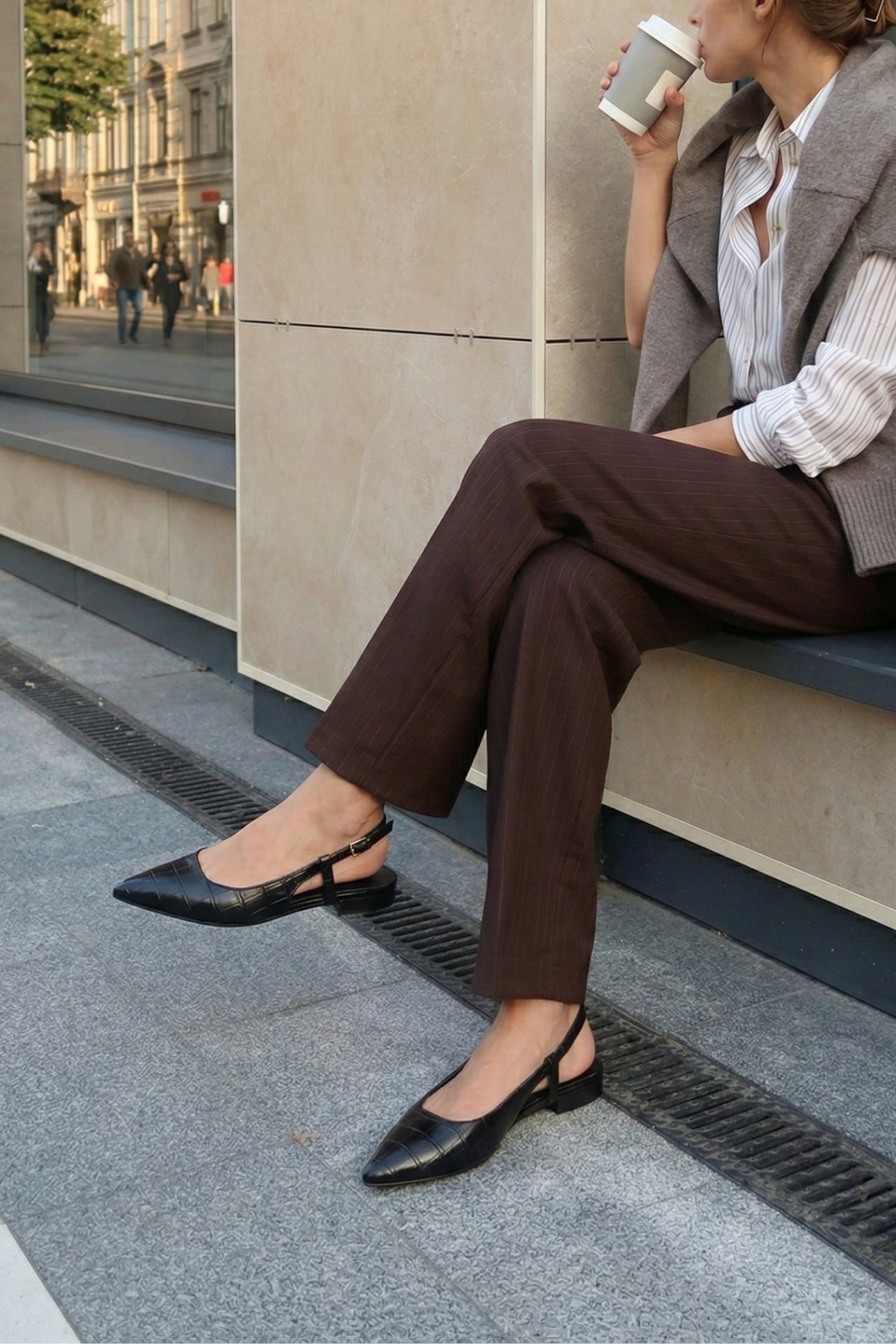 Marjin  Kadın Sivri Burun Arkası Açık Atkılı Günlük Babet Tafiza Siyah Croco - Görsel 2