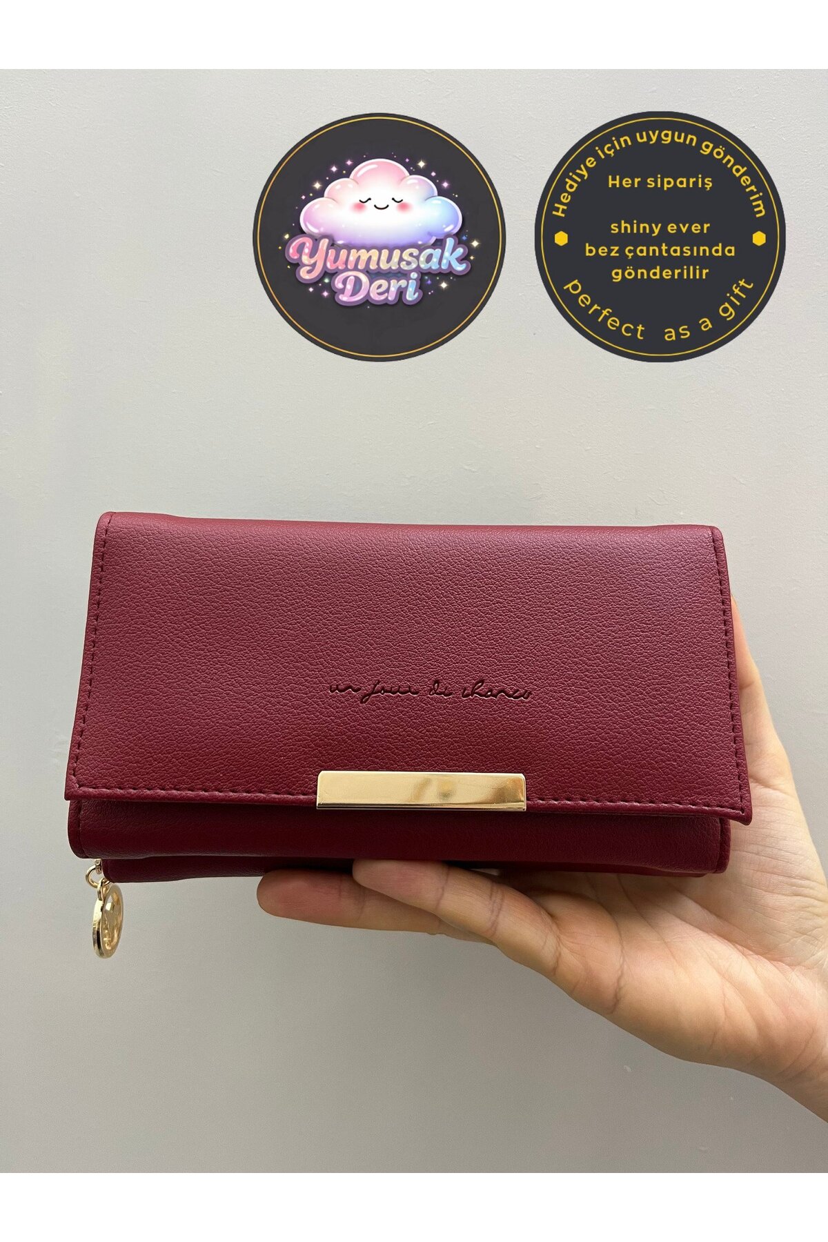 shiny ever  Bordo Yumuşak Deri Kadın Cüzdan El Çantası Gold Detaylı - Görsel 3