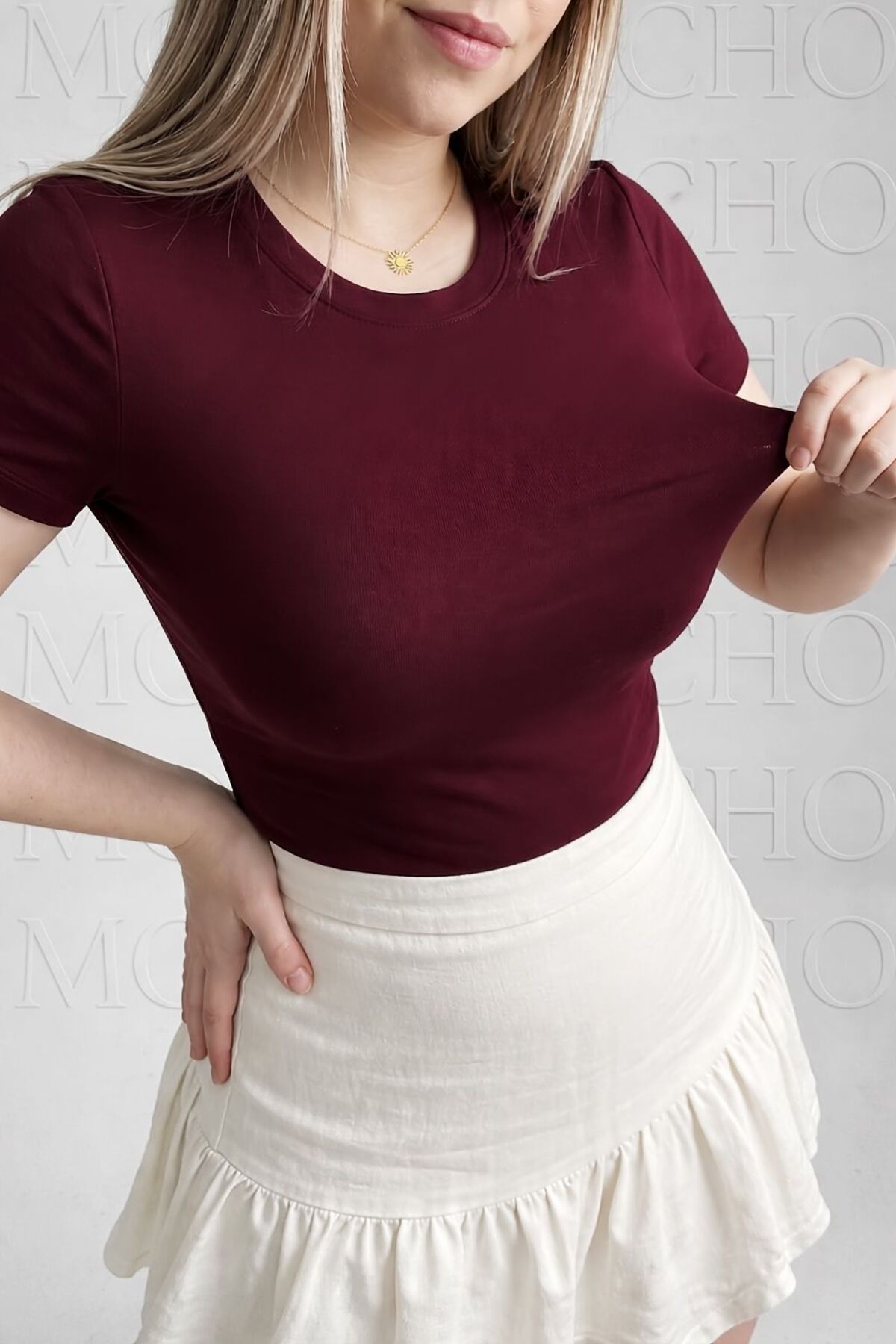 MODiSCHO Kadın Bordo Bisiklet Yaka Slim Fit Pamuklu Ultra Soft Likralı Kumaş Basic T-Shirt & Body görsel 6