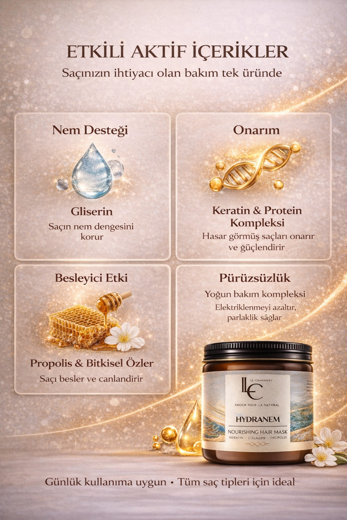 Keratin Saç Maskesi 500 ml Yoğun Onarım & Güçlendirici Kolajen Propolis Profesyonel Bakım — LC-HYDRANEM-MASK-500 — تصویر 4 از 8