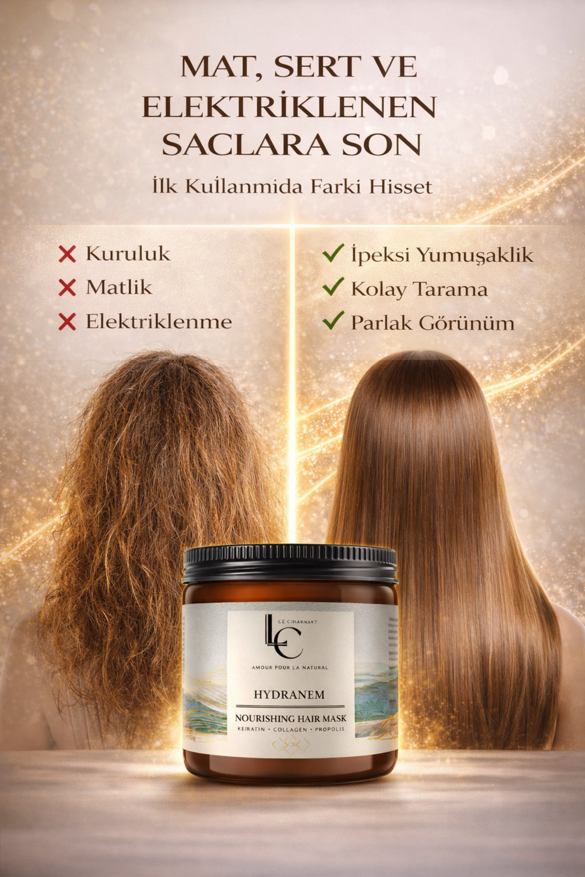 Keratin Saç Maskesi 500 ml Yoğun Onarım & Güçlendirici Kolajen Propolis Profesyonel Bakım — LC-HYDRANEM-MASK-500 — تصویر 2 از 8