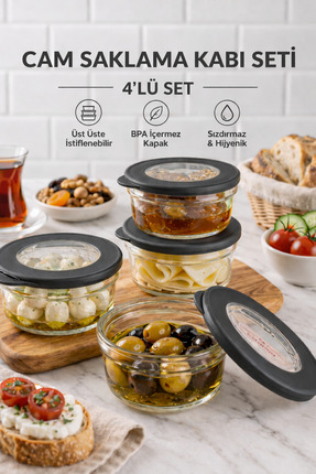 GENCHOME HOMEWARE Cam Saklama Kabı 4’lü Set - Sızdırmaz, 415 ml (cc), Kahvalt...