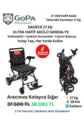 GOPA Medikal JT-308 Hafif Akülü Tekerlekli Sandalye 17 Kg Katlanır Lityum Uza...