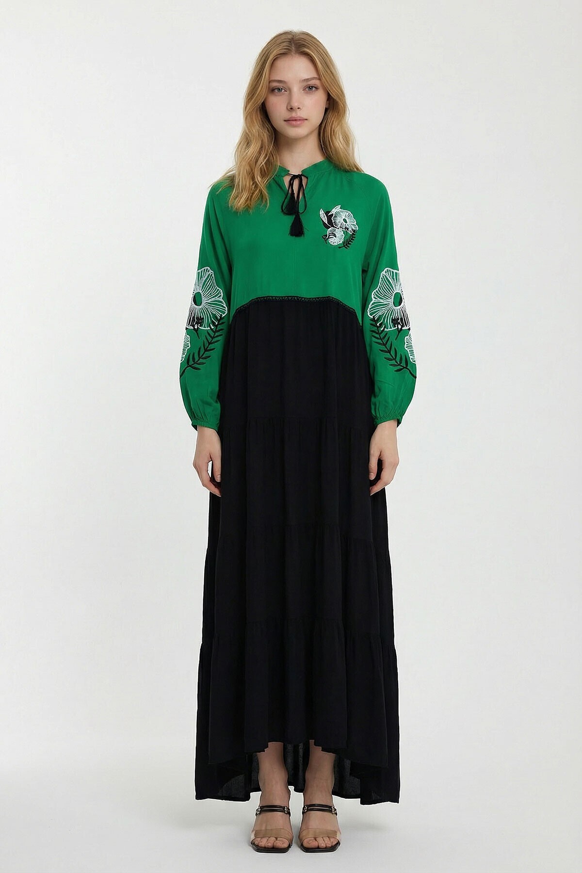 Green Judge Collar Embroidery Embroidered Color Block Long Shirt Dress