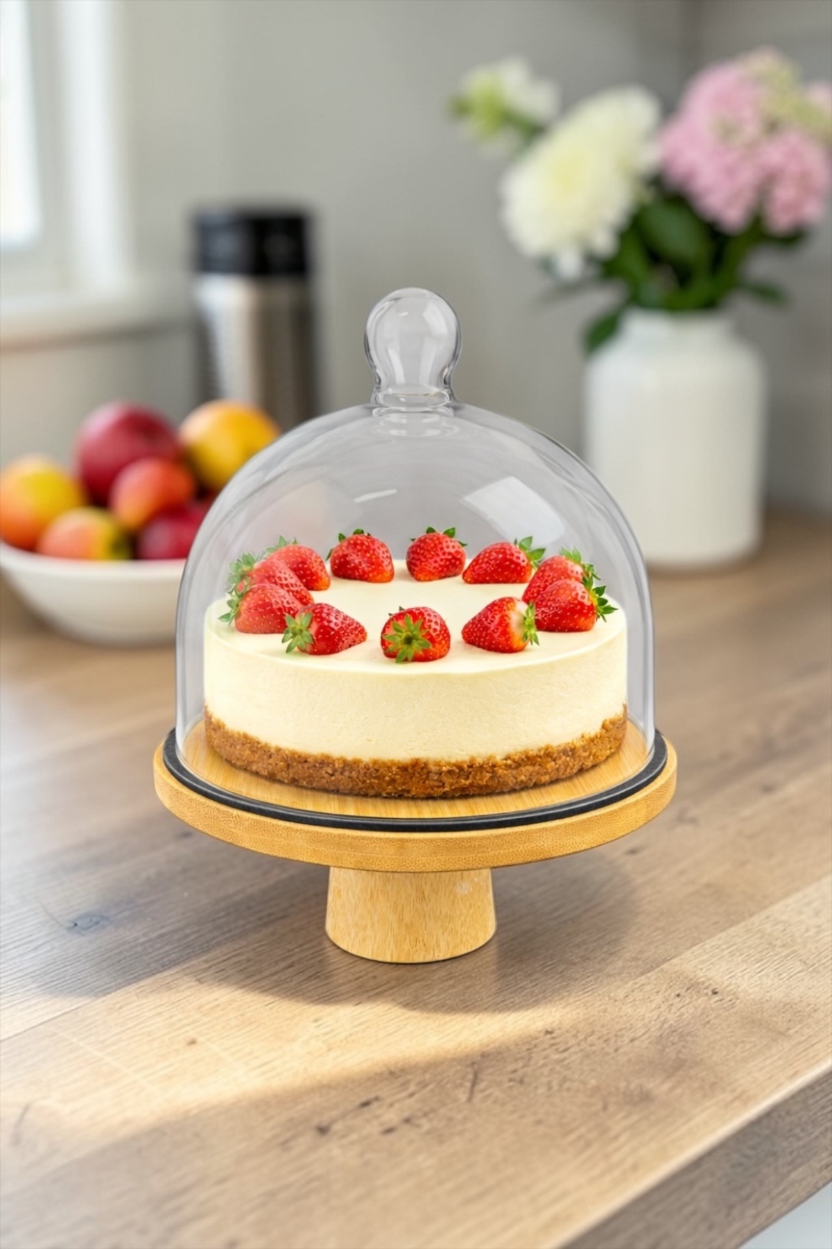 Egehome Cam Kapaklı Ayaklı Bambu Sunumluk | 20 cm Dekoratif Servis
