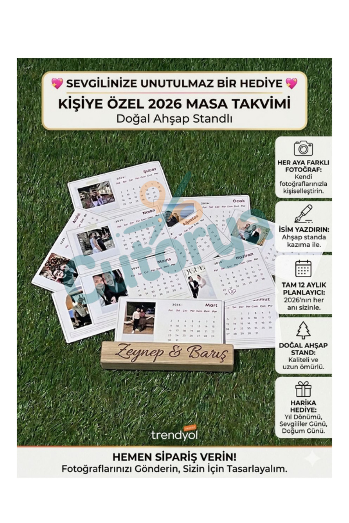 Kişiye Özel Fotoğraflı ve İsim Yazılı Ahşap Standlı 12 Aylık Masa Takvimi