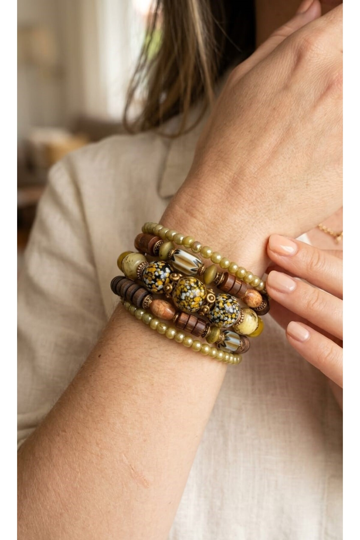 Carmen Women's Spiral Wooden Bracelet with Glass Beads