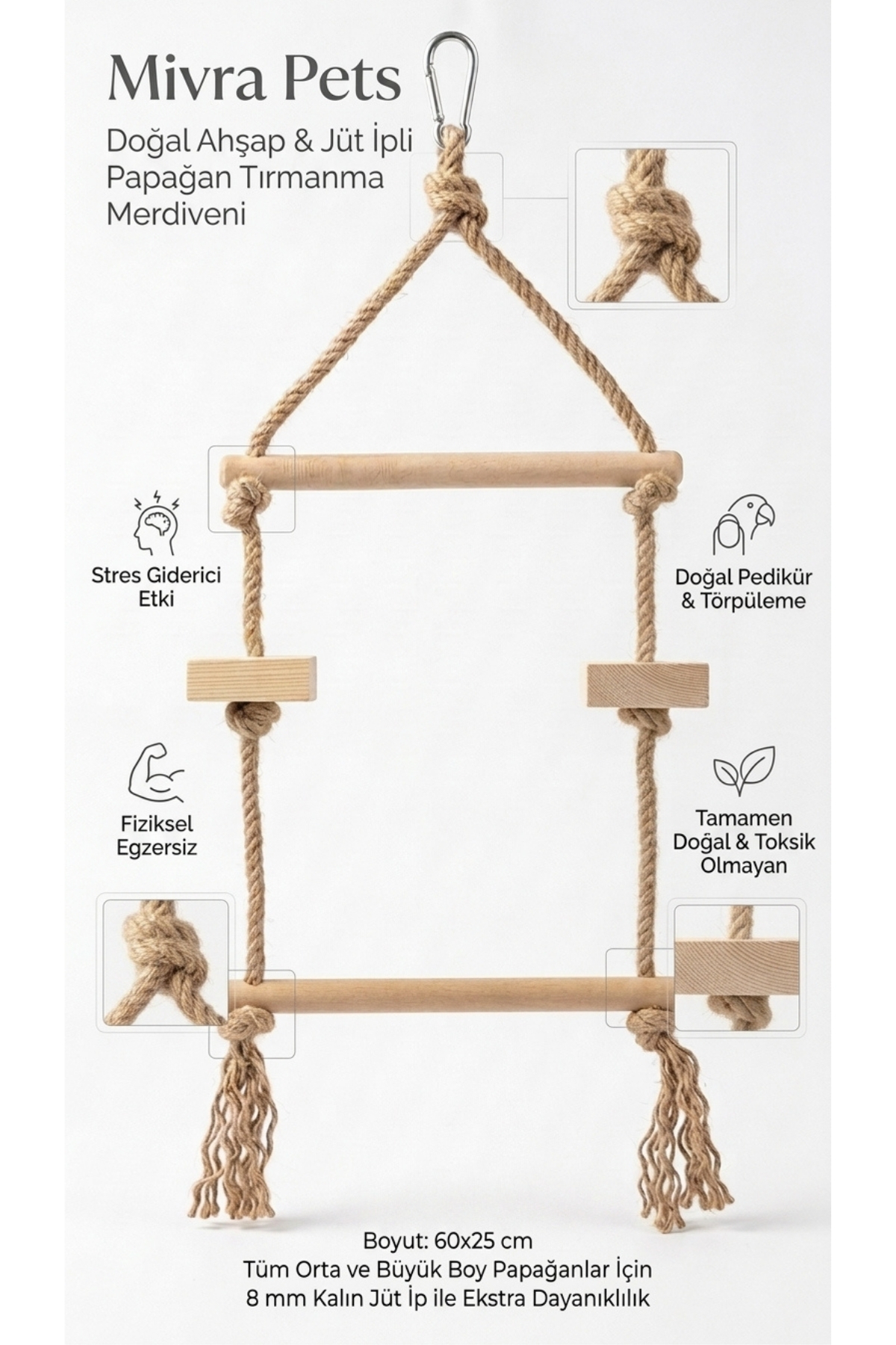 Mivra Pets Doğal Ahşap Papağan Kuş Salıncağı Tırmanma Merdiveni Tünek 8mm Jüt İpli Kafes Oyuncağı 60x25cm