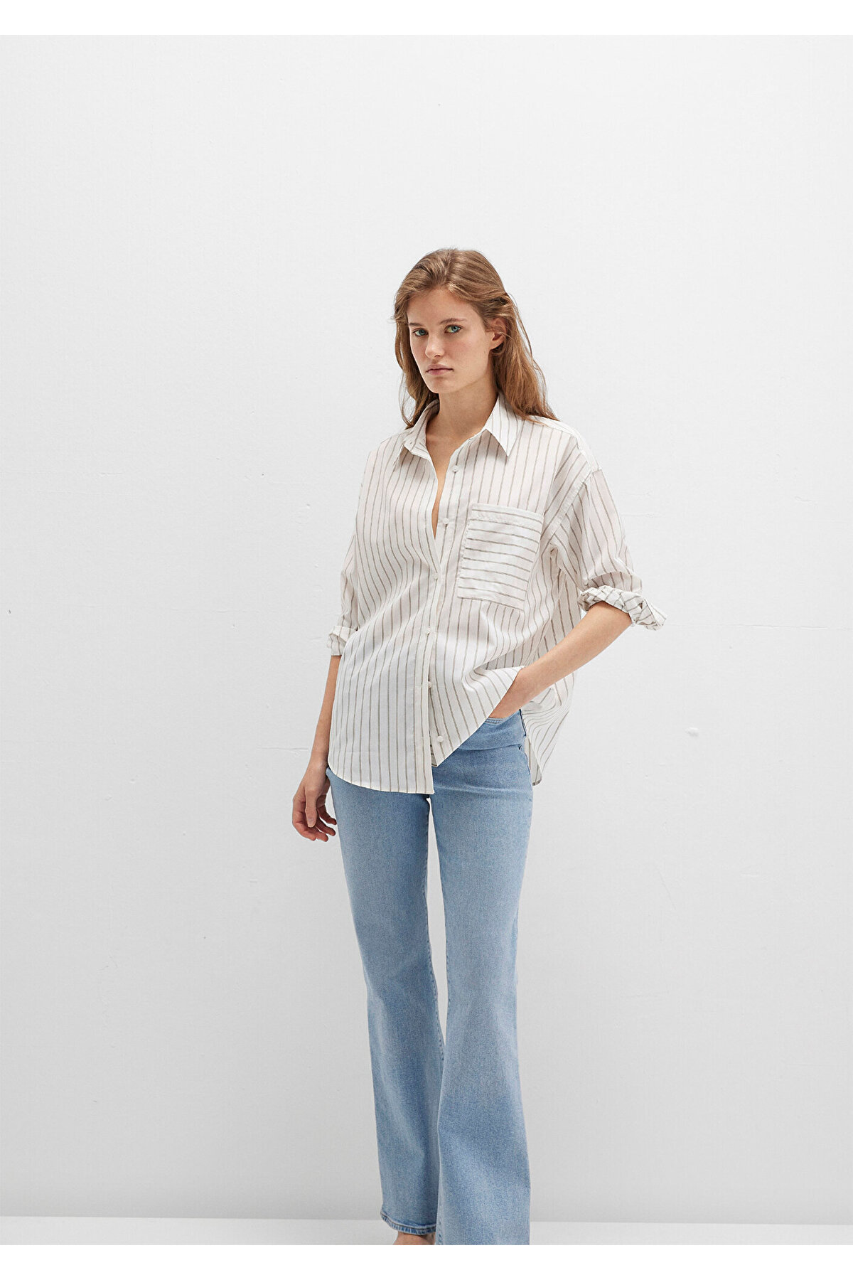Çizgili Ekru Gömlek Loose Fit / Bol Rahat Kesim 1211201-83926 — بژ — تصویر 4 از 8