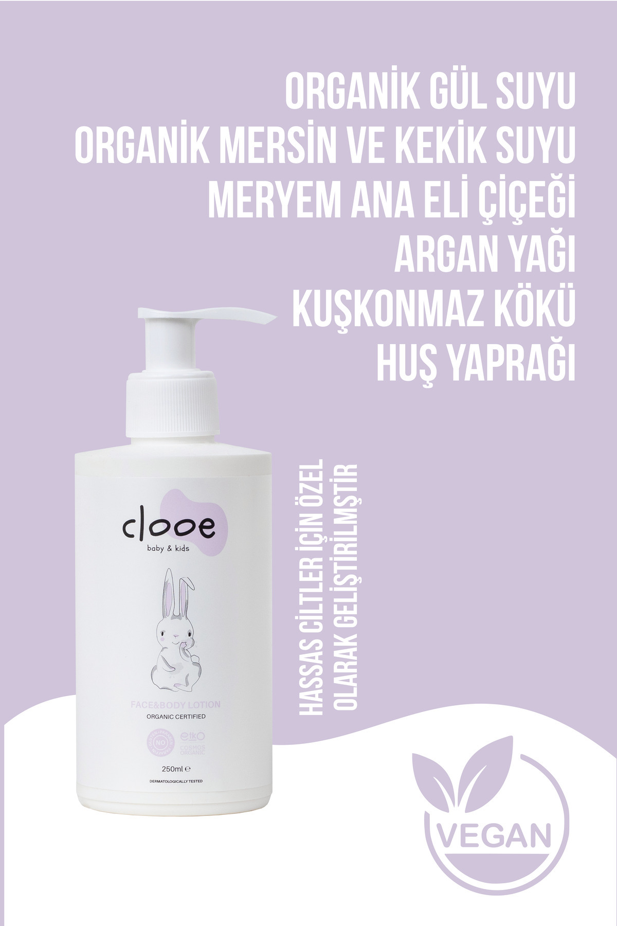 clooe Organik Sertifikalı Bebek Losyonu 250 ml - Yenidoğan & Hassas Cilt - Argan, Zeytinyağı, Huş fotoğrafı 3 (önizleme)