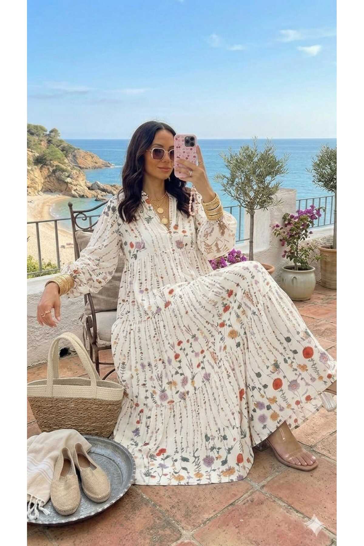 QUAWEAR  V Yaka Desenli Viskon Kumaş Tam Boy Elbise