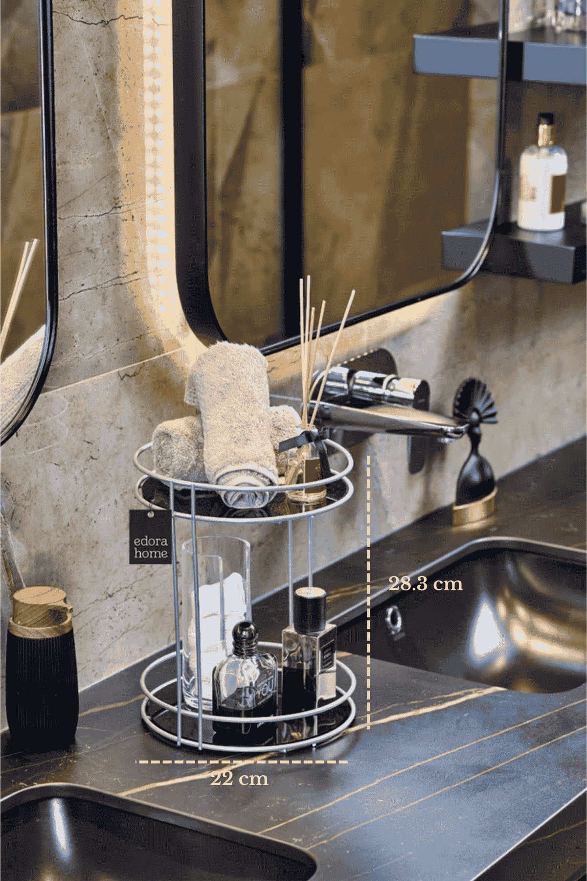 Mat Gümüş 2 Katlı Banyo Organizer Kozmetik Takı Parfüm Düzenleyici Pleksili Paslanmaz Metal