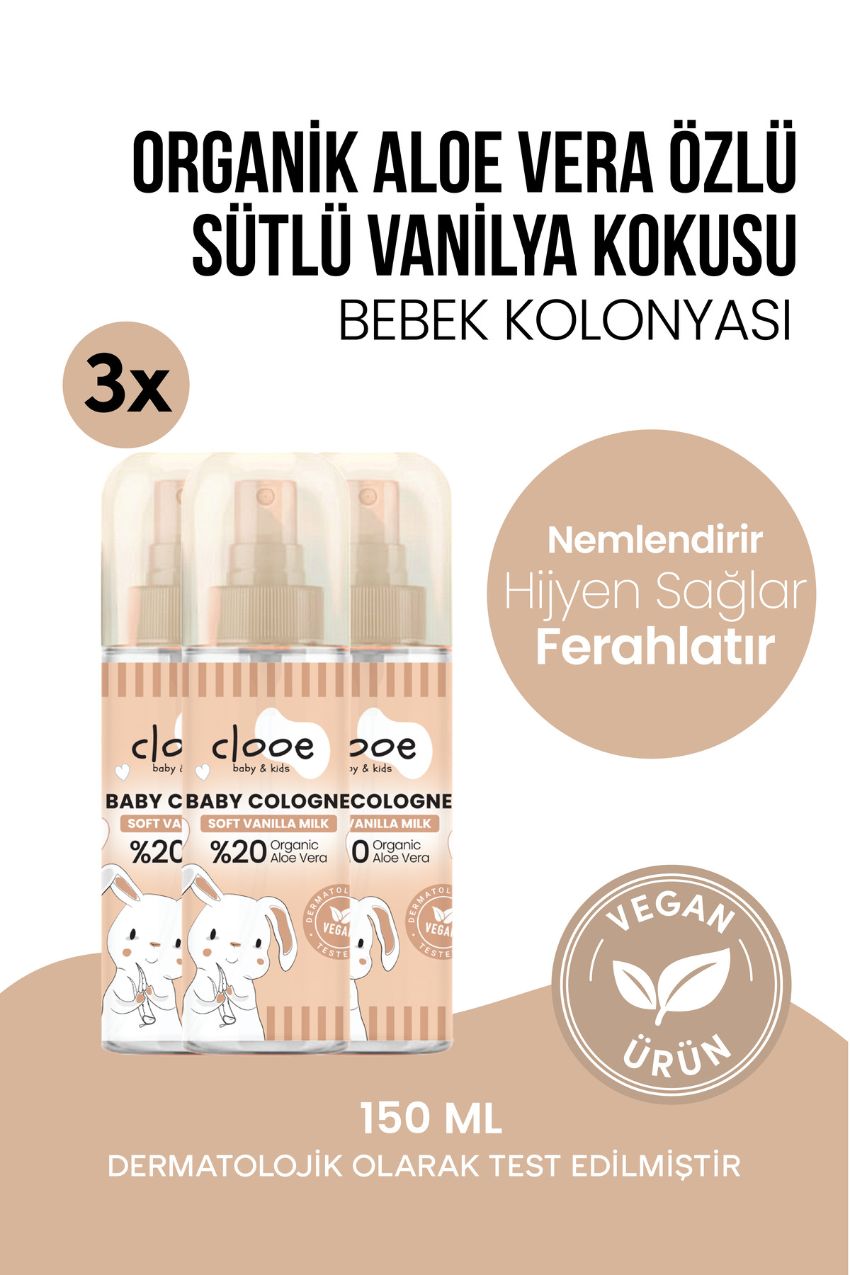 clooe 3'lü Bebek Kolonyası Soft Vanilla Milk 150 ml - Vanilya ve Süt Notalı - Organik Aloe Vera Özlü - Vegan - Hızlı Kuruyan — PKA034