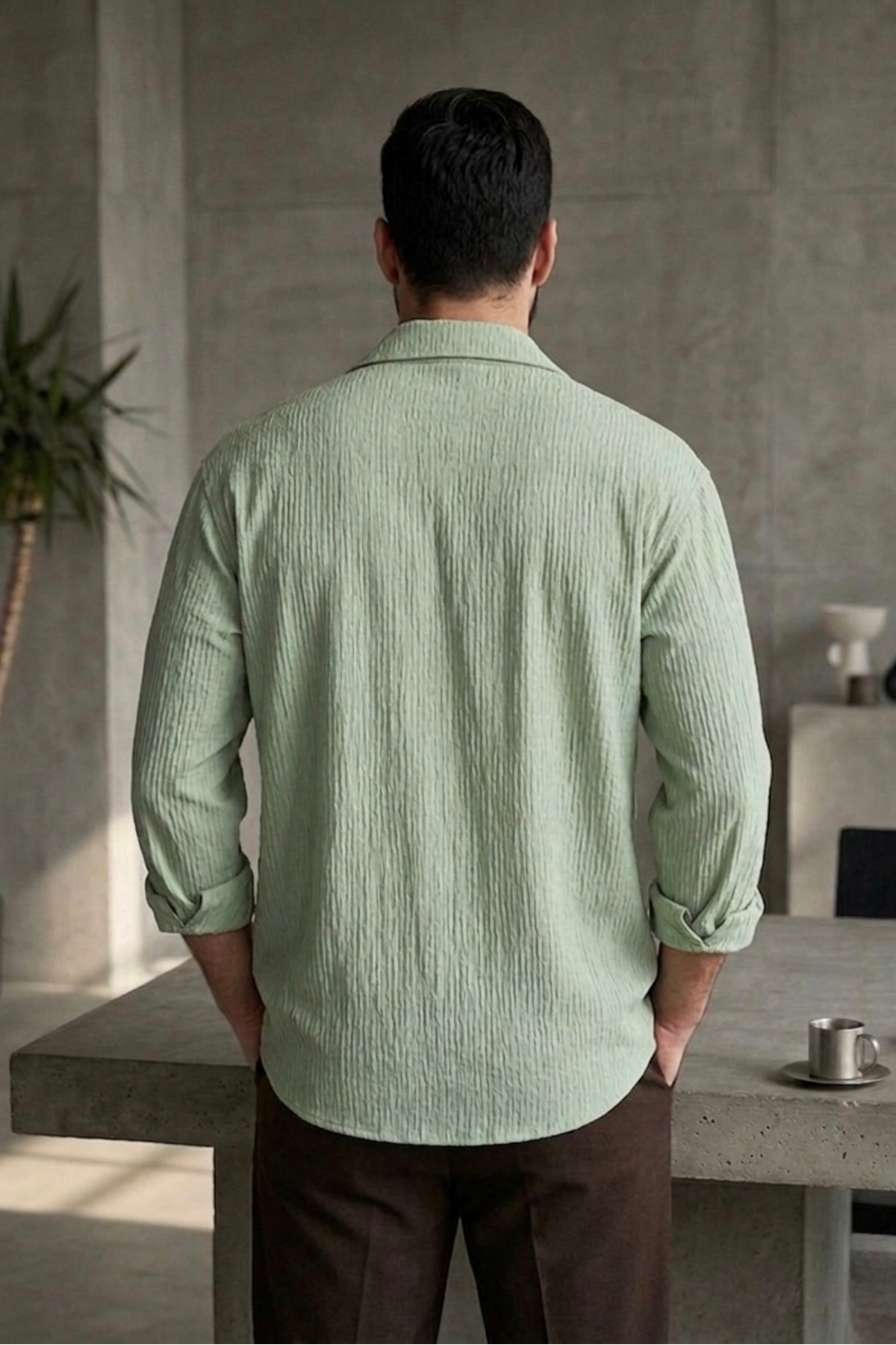bb butik basic Ütü istemez Bürümcük oversize kalıp gömlek SU YEŞİLİ görsel 2