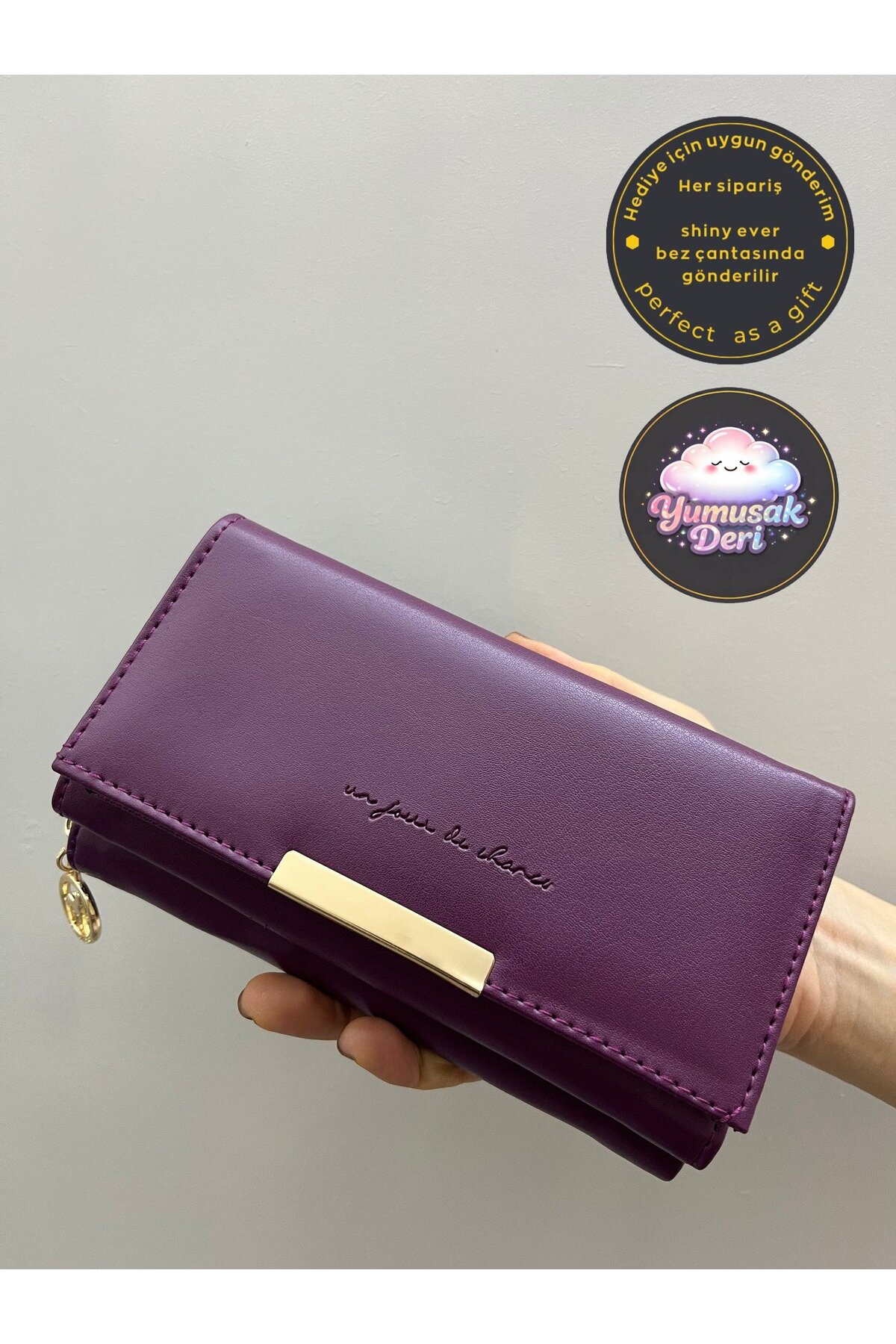 shiny ever  Mürdüm Yumuşak Deri Kadın Cüzdan El Çantası Gold Detaylı