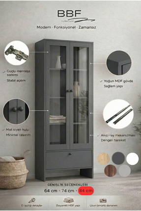 BBF Furniture 84 cm Cam Kapaklı Vitrin ve Kitaplık – 5 Raflı, Çekmeceli, Çok ...