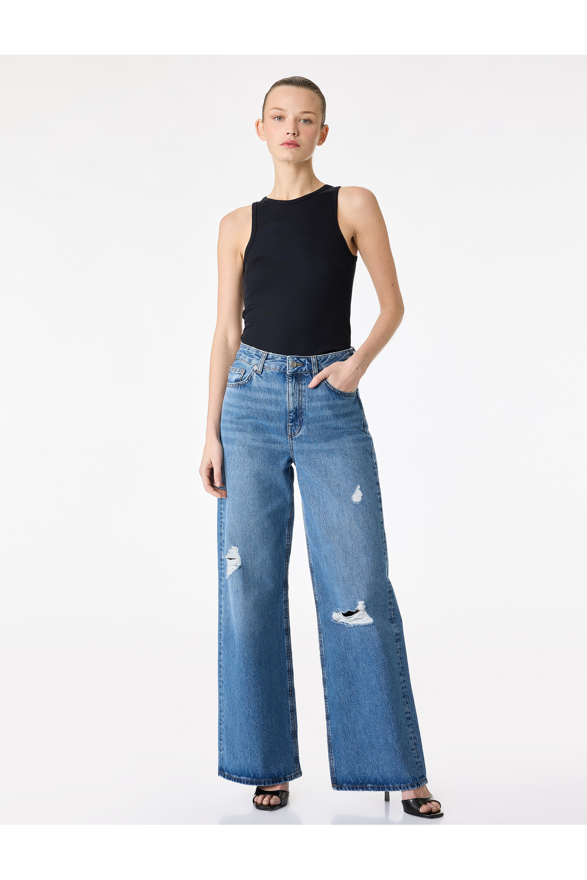 Koton Pamuklu Yüksek Bel Yıpratılmış Geniş Paça Denim Pantolon - Wide Leg Jeans