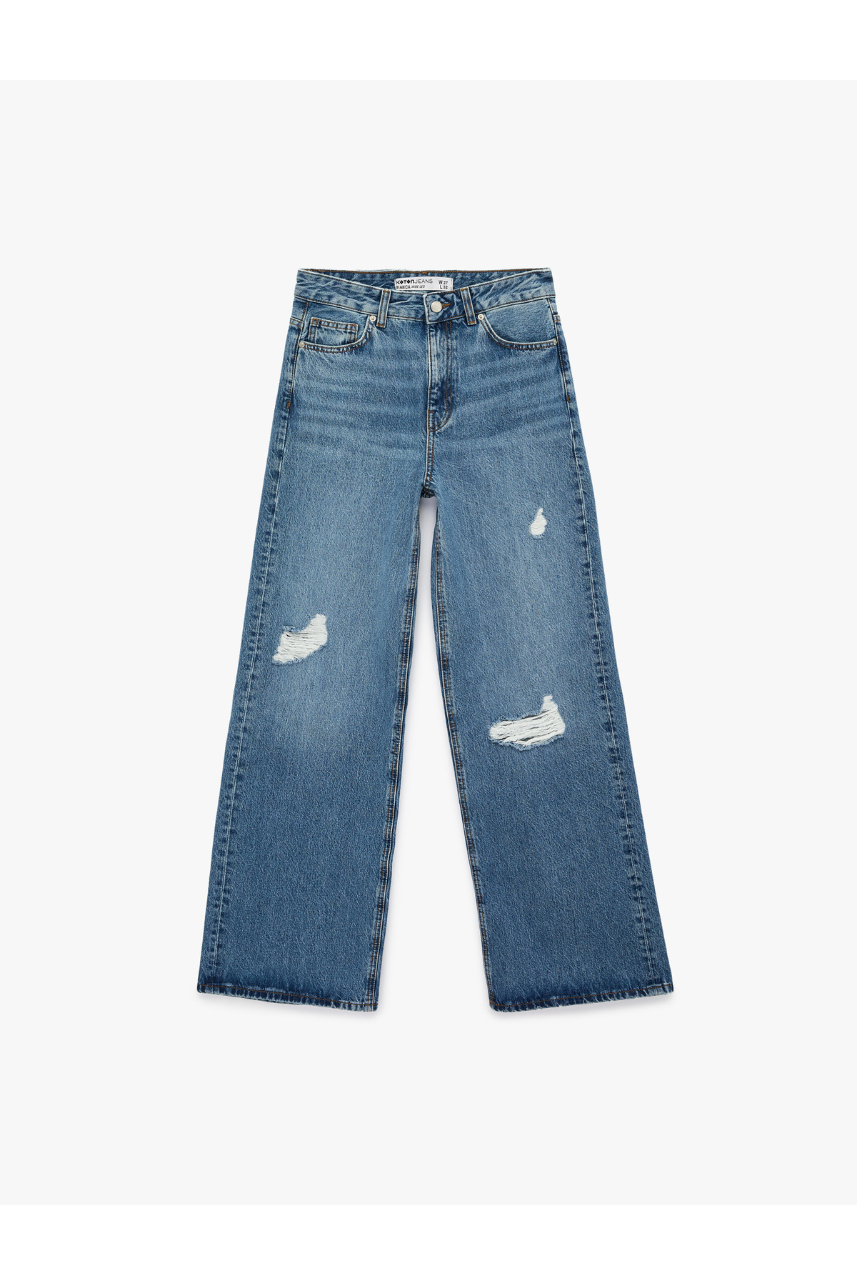 Koton Pamuklu Yüksek Bel Yıpratılmış Geniş Paça Denim Pantolon - Wide Leg Jeans görsel 4