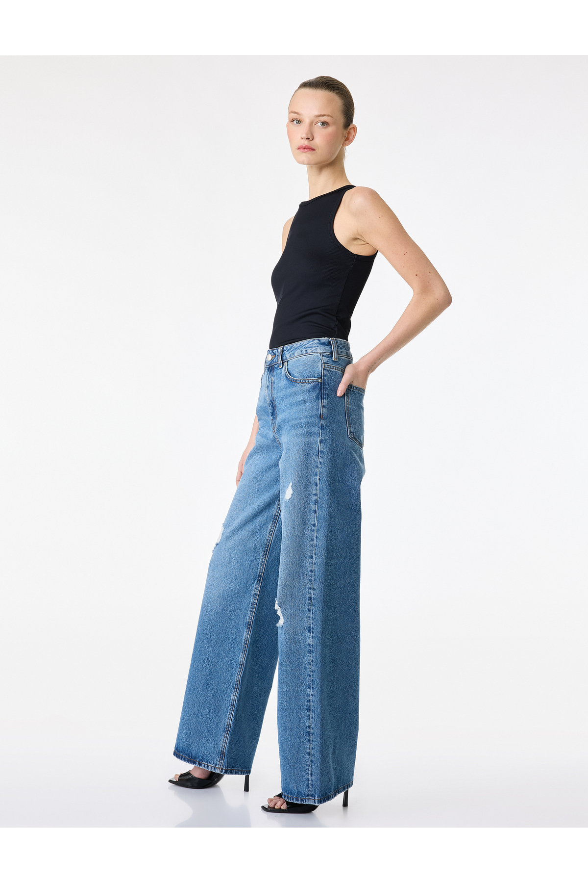Koton Pamuklu Yüksek Bel Yıpratılmış Geniş Paça Denim Pantolon - Wide Leg Jeans görsel 2