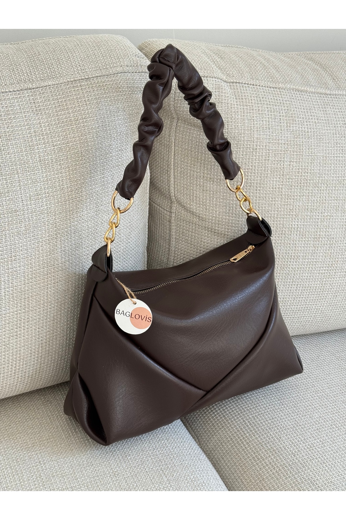 Women's Coffee Drawstring Shoulder Bag Gold Chain Detailed Soft Leather Stylish Sleeve Bag En32 Size22