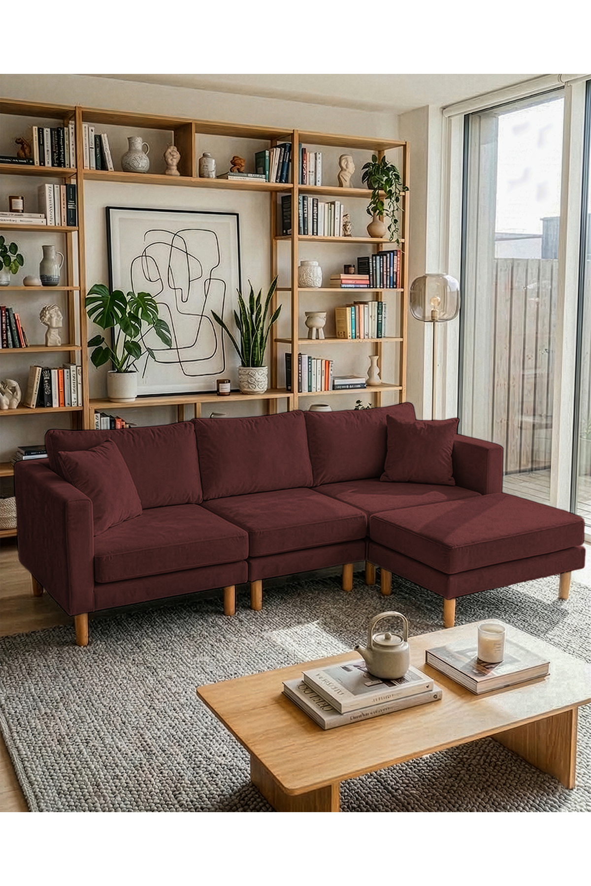 Armin Smart Corner Sofa Set & Modern Modular Bed Corner Set - Velvet - Burgundy