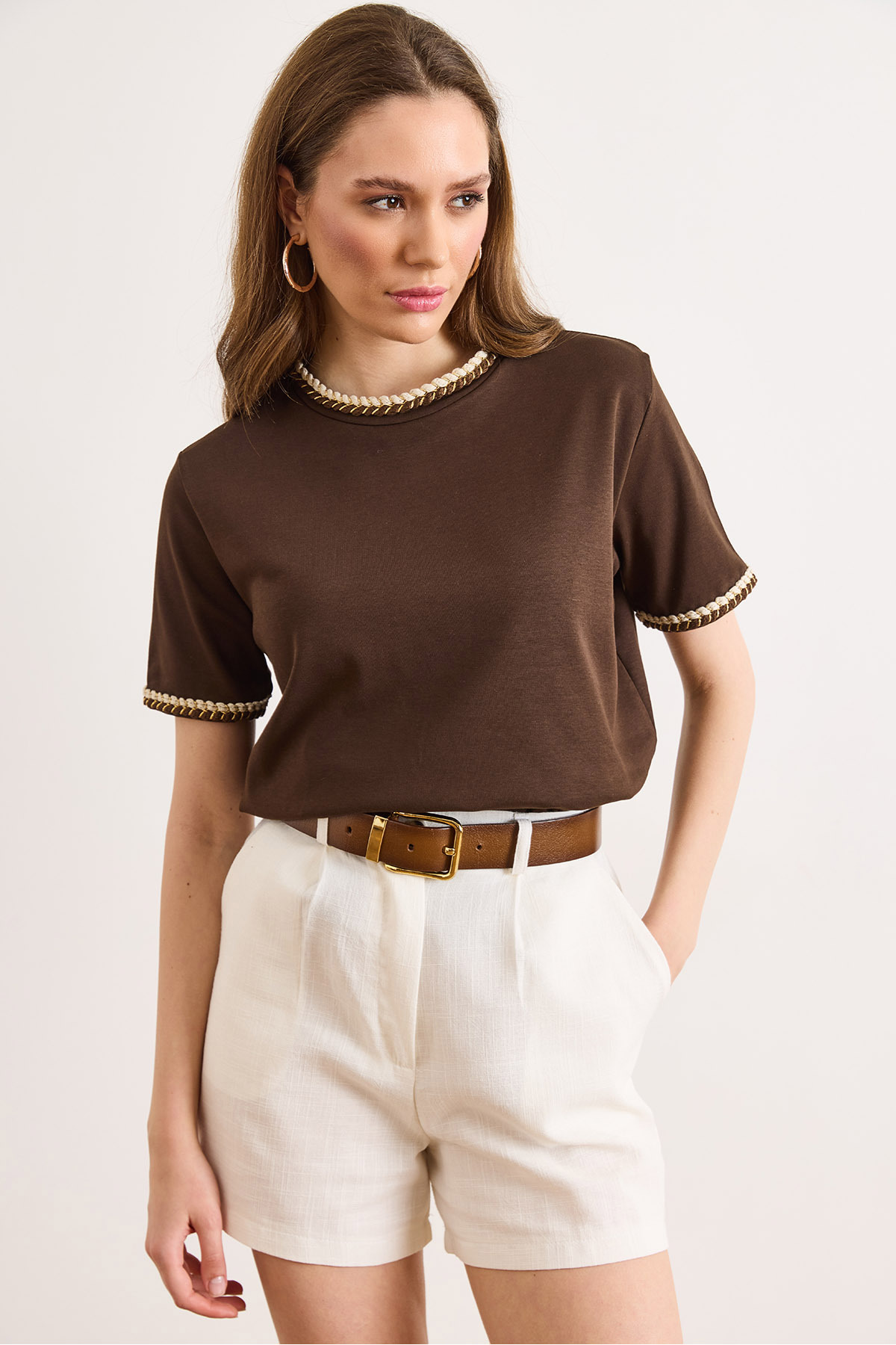 Women's Bitter Brown Braided Detailed T-Shirt TSH-19000969