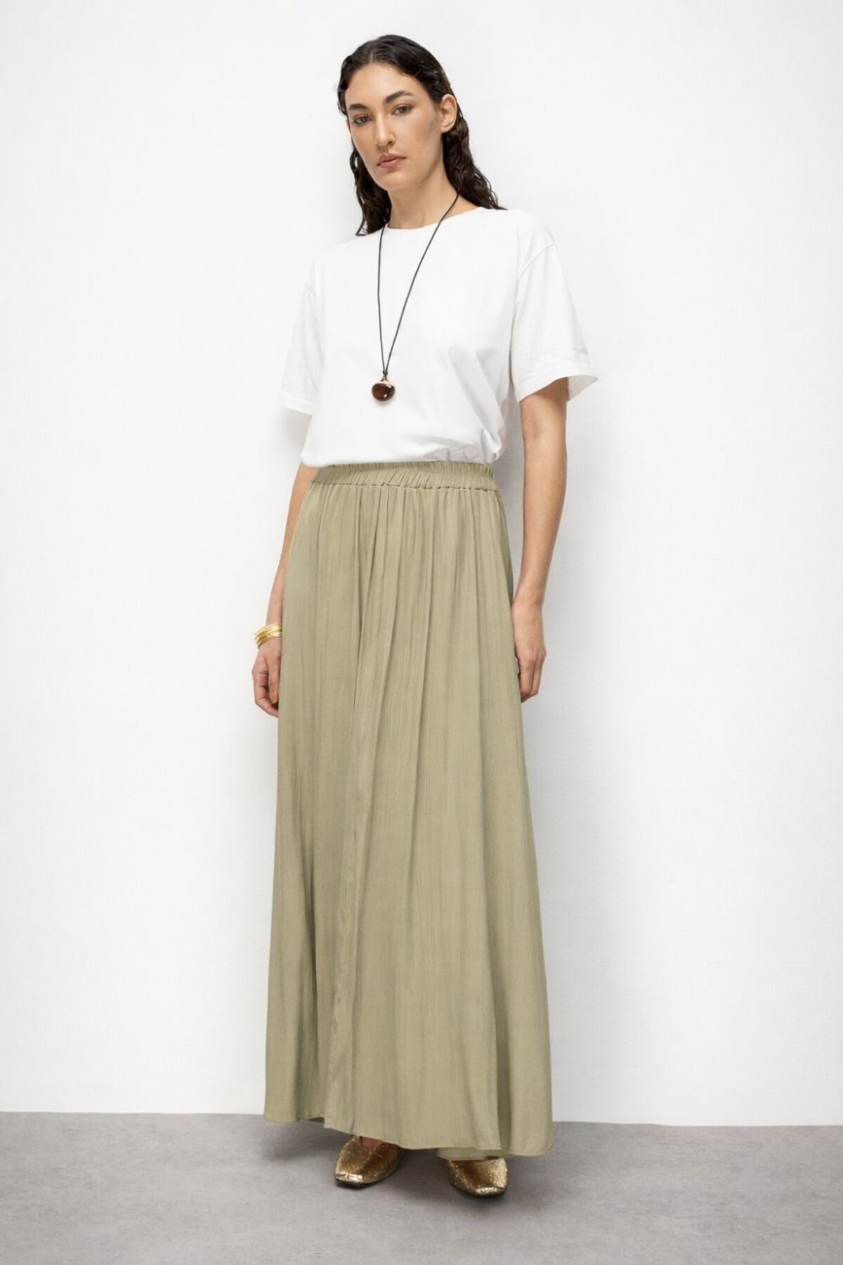 Hakki Khaki Wrinkle-Looking Satin Maxi Skirt