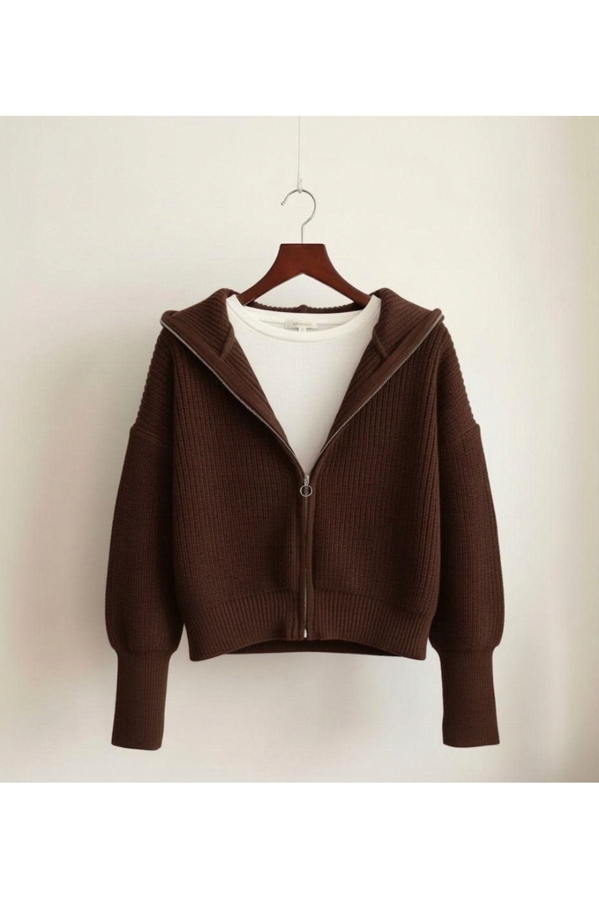 women's stretch knit trend zippered overturned collar popular BROWN knitwear cardigan