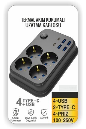asua Akım Korumalı 4’lü Priz 2x USB-C 4x USB-A Şarj 2m Kablo Uzatma Çocuk Kor...