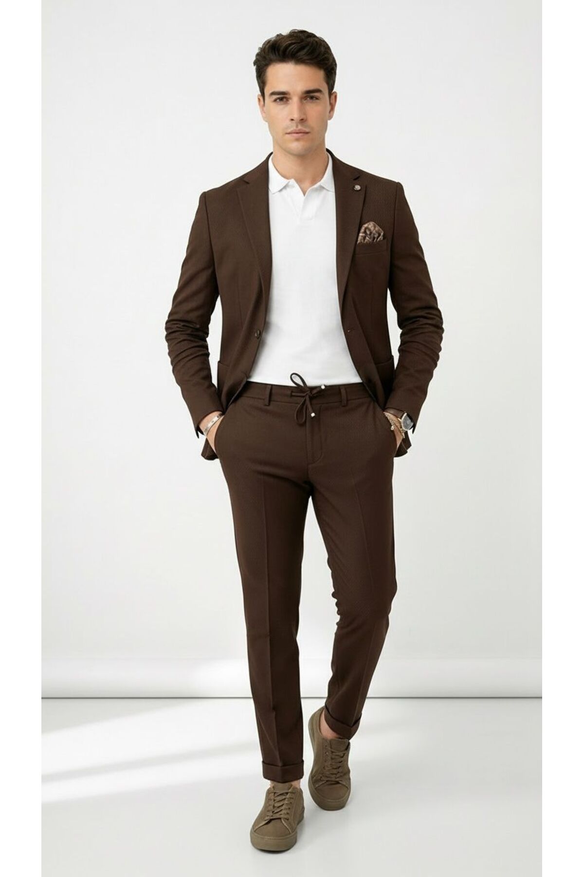 Plus Scorpion Pike Kumaş Jogger Pantolonlu Erkek Takım Elbise, Torba Cepli Tek Düğme Slim Fit Kombin görsel 5