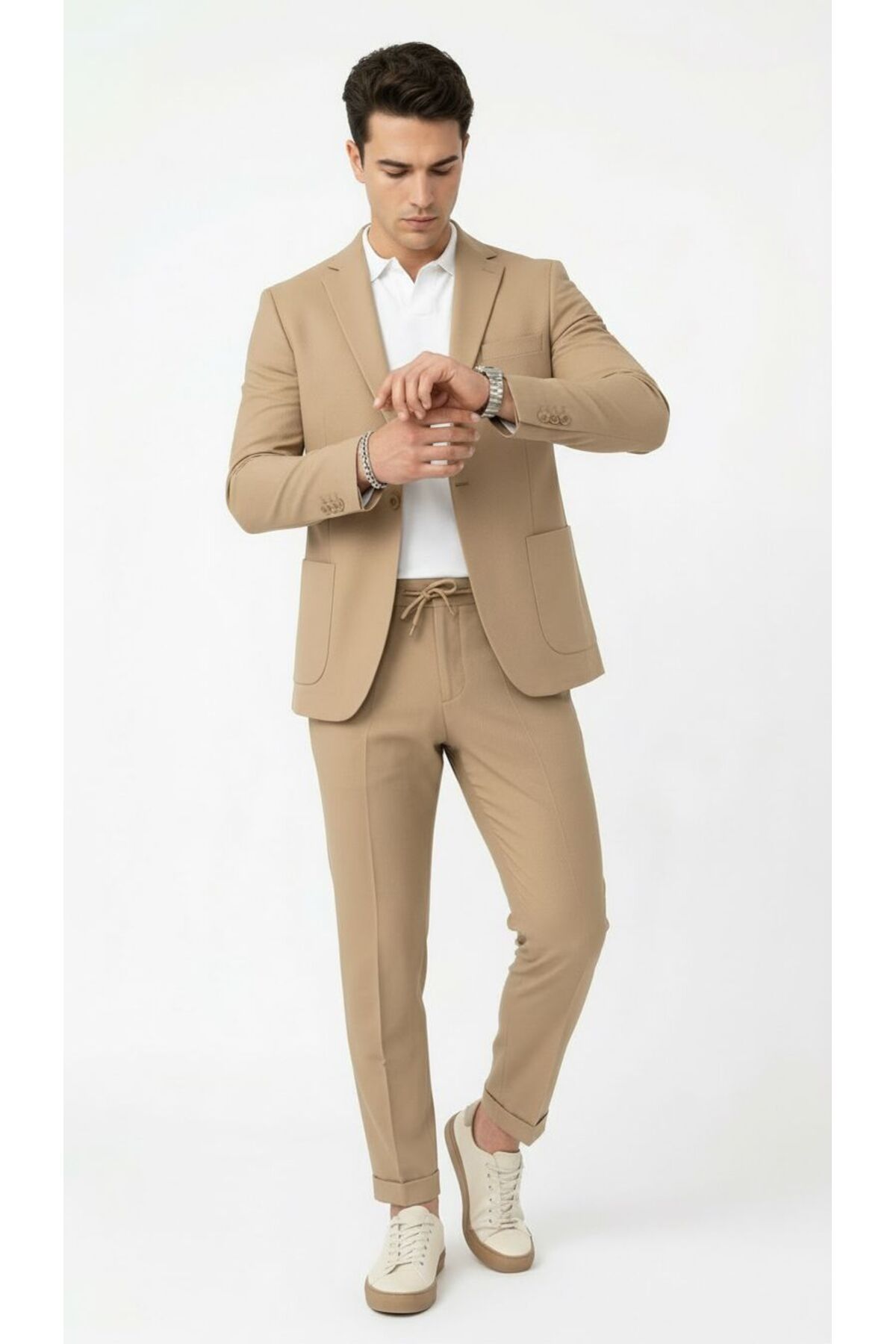 Pike Kumaş Jogger Pantolonlu Erkek Takım Elbise – Torba Cepli Tek Düğme Slim Fit Kombin — بژ TR-58595653521 — تصویر 6 از 8