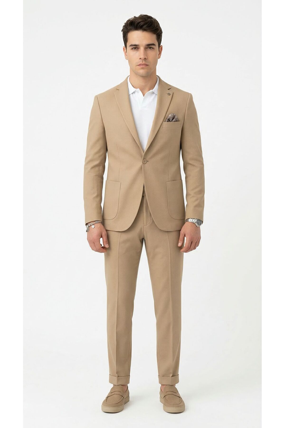 Pike Kumaş Jogger Pantolonlu Erkek Takım Elbise – Torba Cepli Tek Düğme Slim Fit Kombin — بژ TR-58595653521 — تصویر 2 از 8