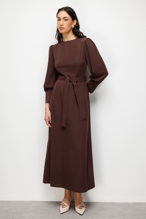 Mizalle Acı Kahve Geniş Kol Manşetli Kahverengi Maksi Kloş Elbise