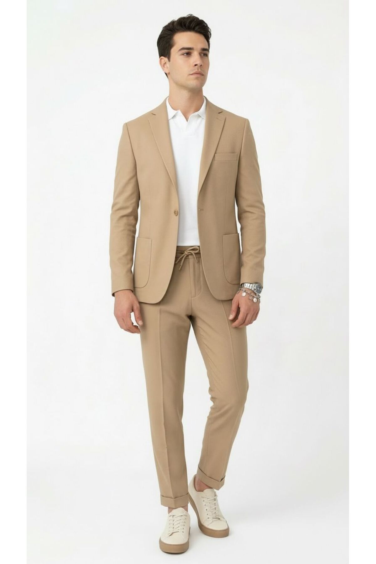 Pike Kumaş Jogger Pantolonlu Erkek Takım Elbise – Torba Cepli Tek Düğme Slim Fit Kombin — بژ TR-58595653521 — تصویر 5 از 8