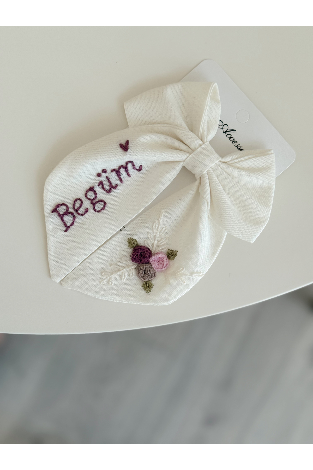 Personalized Named Embroidered Bowknot Hairpin – 3D Flower Embroidered Handmade Hairpin