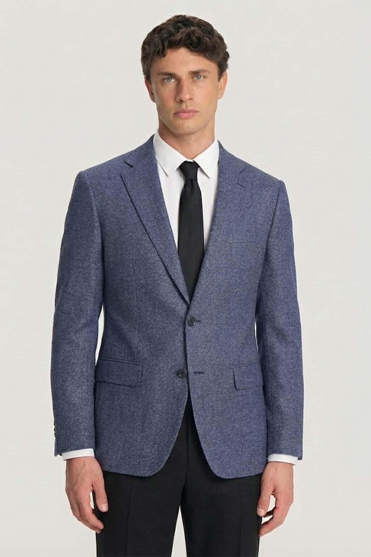 Sabri Özel  Erkek Lacivert Viskon Karışımlı 4 Drop Klasik Ceket