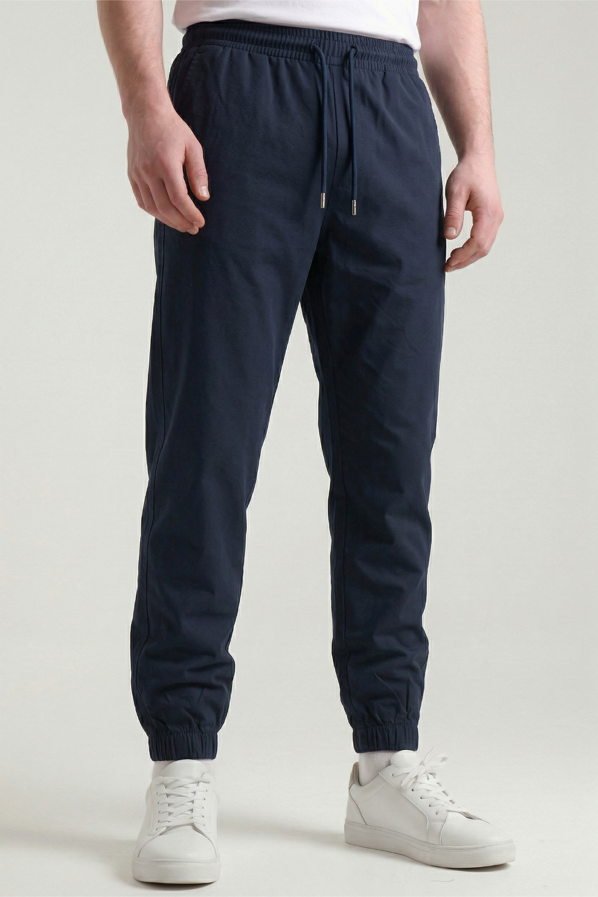 Men's Navy Blue Parachute Fabric Trousers with Elasticated Leg, Zipper and Back Pockets