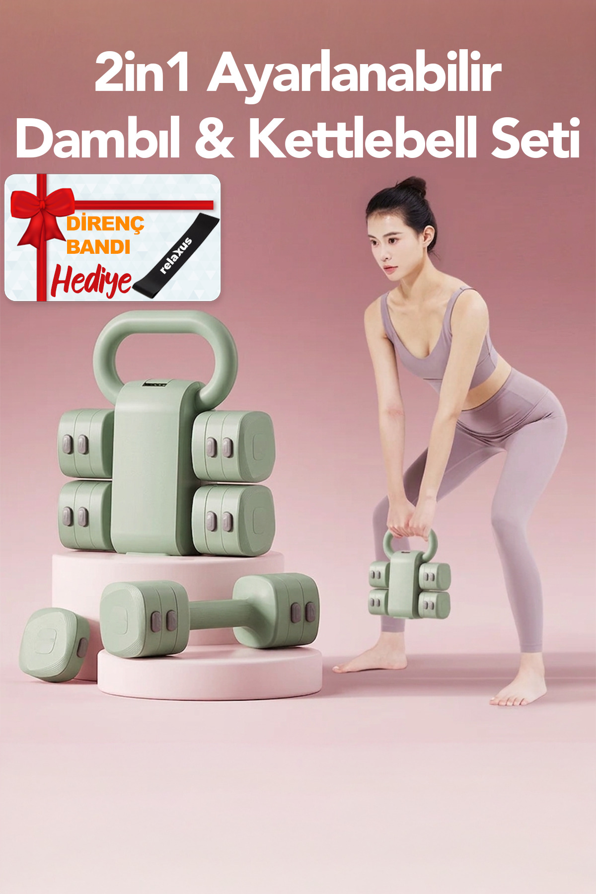 RELAXUS 5 KG Ayarlanabilir Dambıl ve Kettlebell Seti Modüler Ağırlık Seti Direnç Lastiği Hediyeli