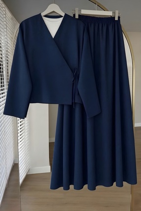 İmajButik Lacivert Yandan Bağlamalı Dabıl Kimono Etekli Takım