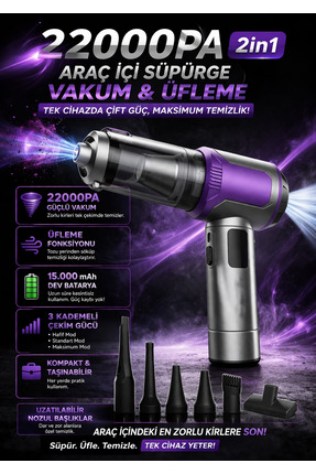 Kılıforyum 22000Pa 2in1 Araç İçi Süpürge Üfleme Fonksiyonlu 15.000mAh Şarjlı ...
