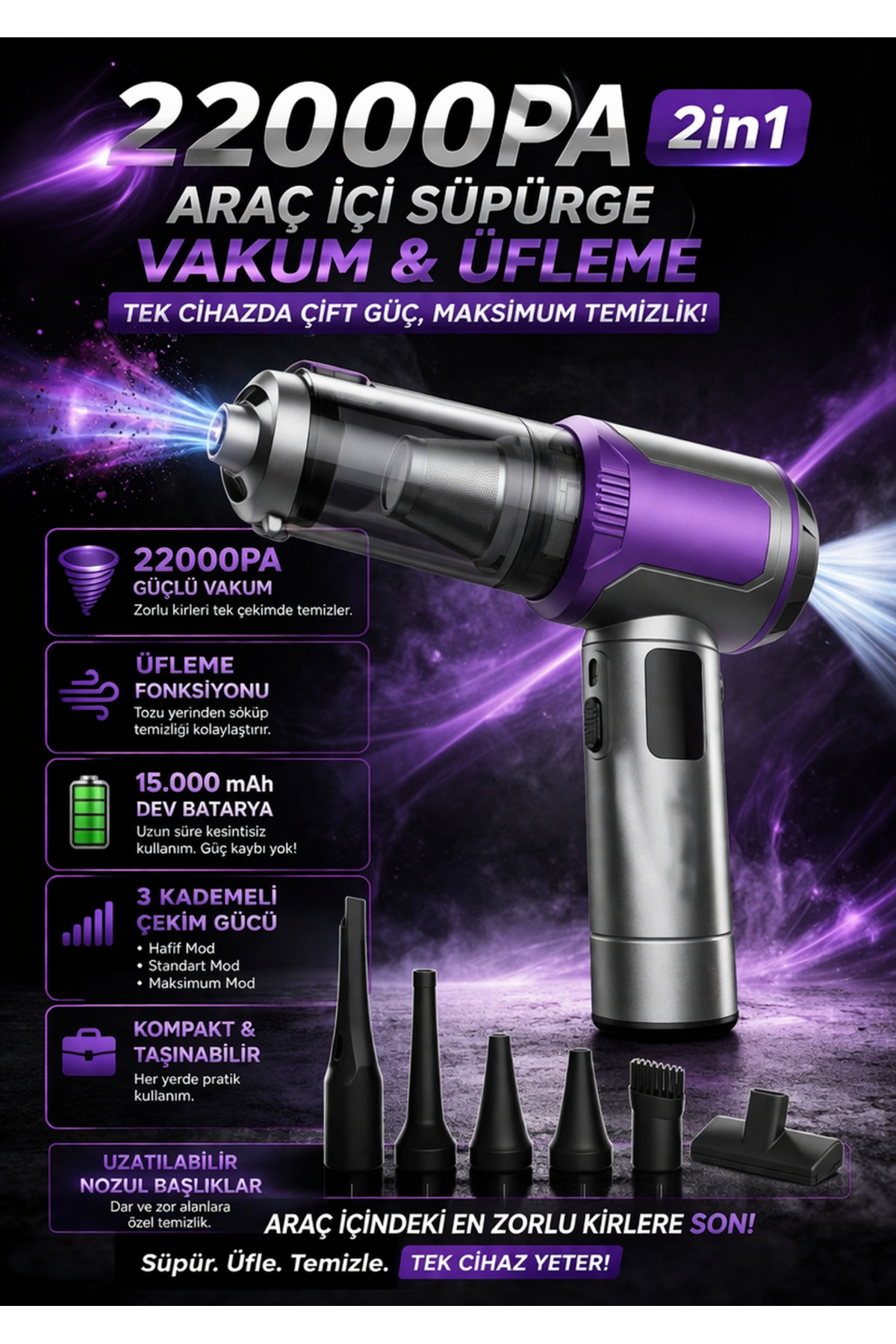 Kılıforyum 22000Pa 2in1 Araç İçi Süpürge Üfleme Fonksiyonlu 15.000