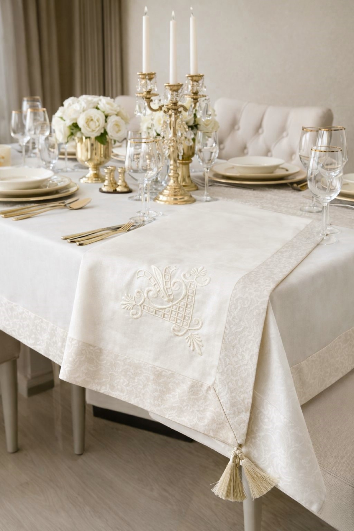 Embroidered Living Room Tablecloth & Stylish Tablecloth with Embroidered Tassels with Edge Satin Stitching