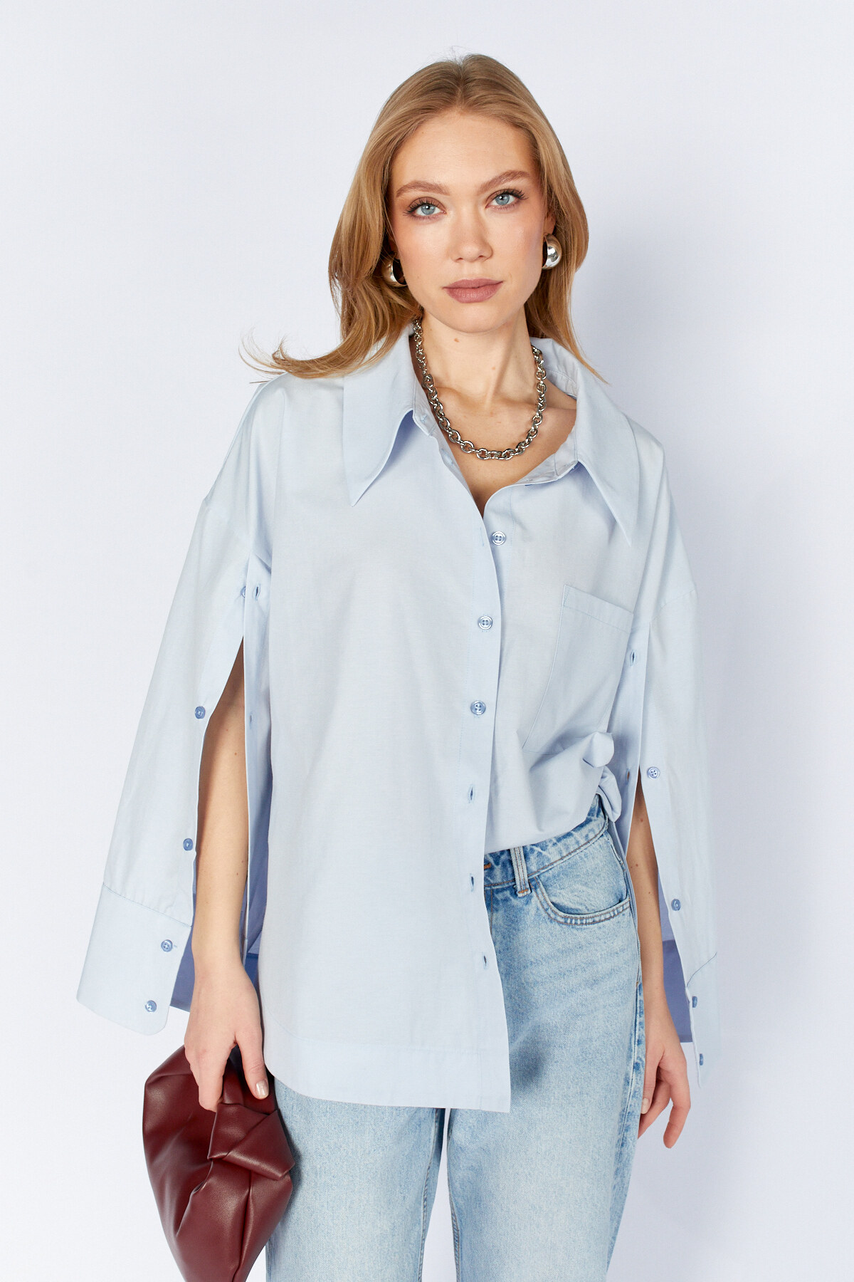 Kol Detaylı Oversize Poplin Gömlek | MKS1610113-1 - Bebe Mavi