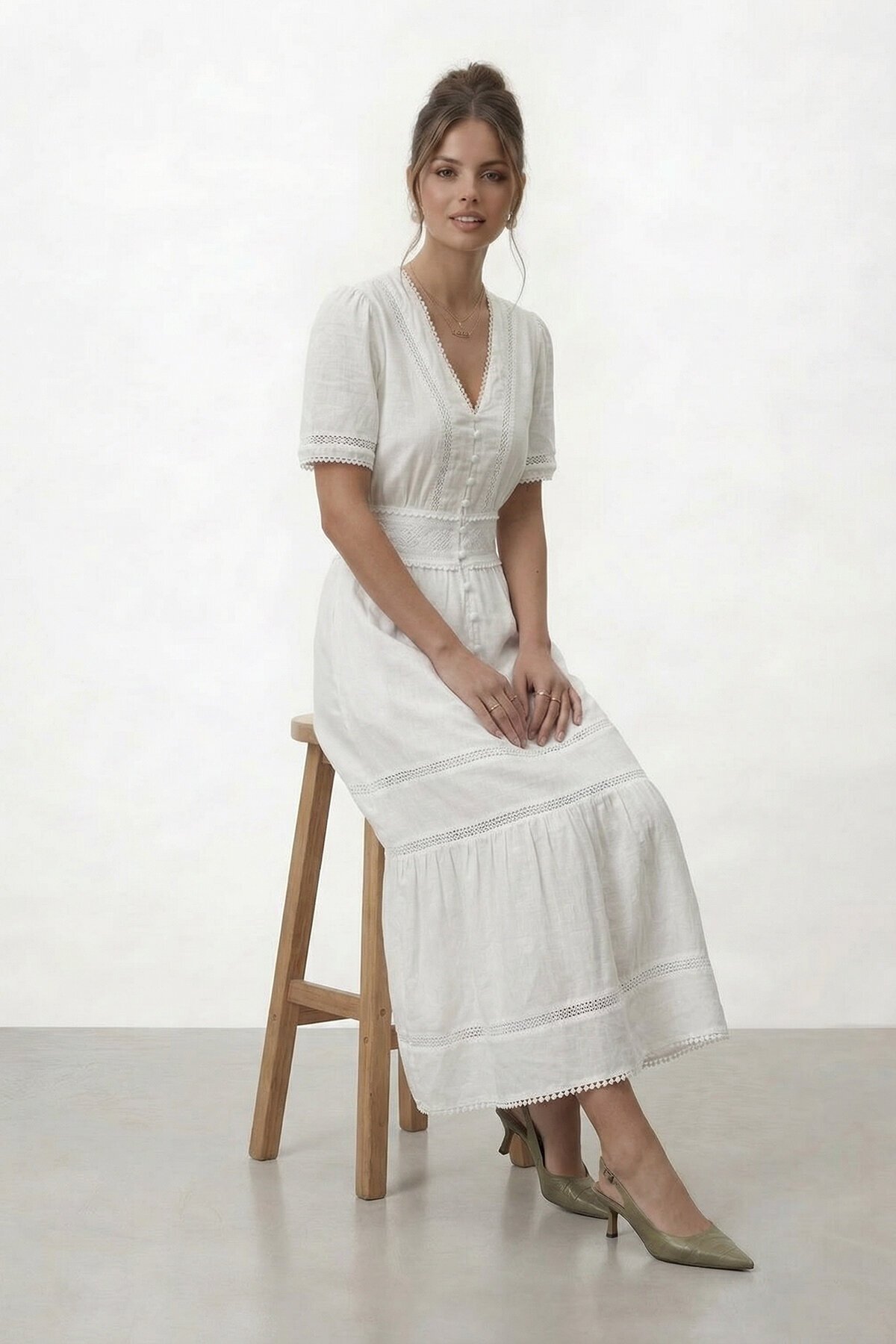 VAGGON  V Yaka Düğmeli Katlı Astarlı Midi Elbise - Görsel 3